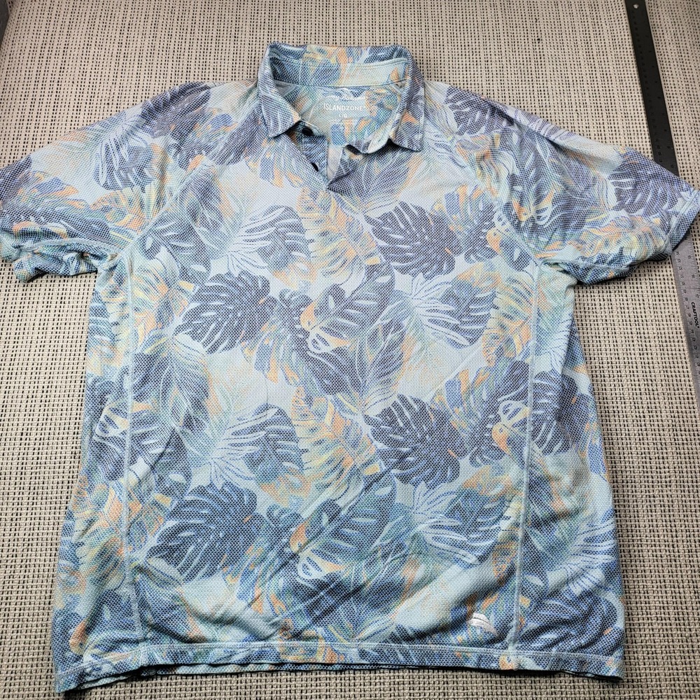 Tommy Bahama Polo Shirt Mens Large Blue IslandZone Floral‎ UPF 30 Short Sleeve